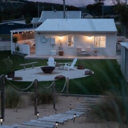 Evening view of Shack in the Dunes and firepot area, Weymouth Tasmania accommodation